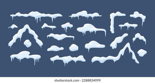 Snow cap set. Collection of snowdrifts on roofs of houses. Winter season and cold weather. Symbol of New Year and Christmas holidays. Cartoon flat vector illustrations isolated on blue background