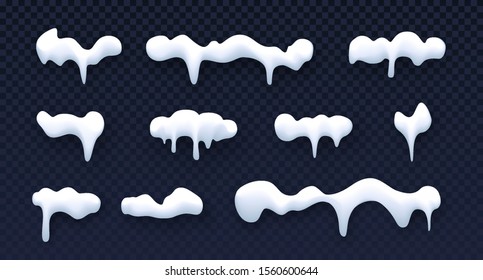 Snow cap set and icicles in cartoon style isolated on dark winter transparent background. Vector snow caps collection for your design, web and print.