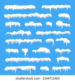 Snow cap set on blue background. Snowy elements in cartoon style on winter background. Vector illustration.