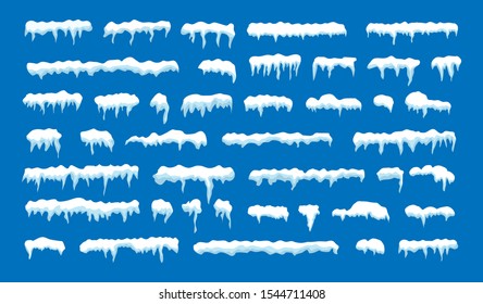 Snow cap set on blue background. Snowy elements in cartoon style on winter background. Vector illustration.