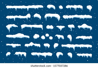 Snow cap set on blue background. Snowy elements in cartoon style on winter background. Vector illustration.