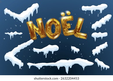 Snow cap set on blue background. Snowy elements in cartoon style on winter background. Vector illustration.