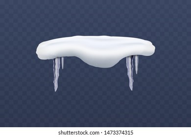 Snow cap or snowdrift with icicles 3d realistic vector illustration isolated on transparent background. Winter decorative element for christmas and New Year design.