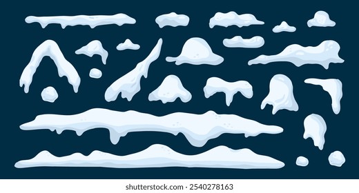 Snow cap. Snowdrifts decorative. Shapes with icicles. Winter frame decoration collection. Snowy roof effect season. Frost weather icy heaps. White frozen vector cartoon flat isolated illustration set