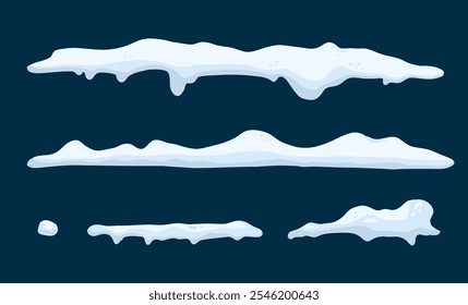 Snow cap. Snowdrifts decorative. Shapes with icicles. Winter frame decoration collection. Snowy roof effect season. Frost weather icy heaps. White frozen vector cartoon flat isolated illustration set