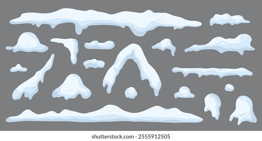 Snow cap. Snowdrifts decorative. Shapes with icicles. Winter frame decoration collection. Snowy roof effect season. Frost weather icy heaps. White frozen vector cartoon flat isolated illustration set