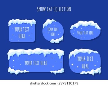 Snow cap with text set. Ice cubes with letters and snow. Symbols of winter holidays, Christmas and New Year. Template and layout. Cartoon flat vector collection isolated on blue background