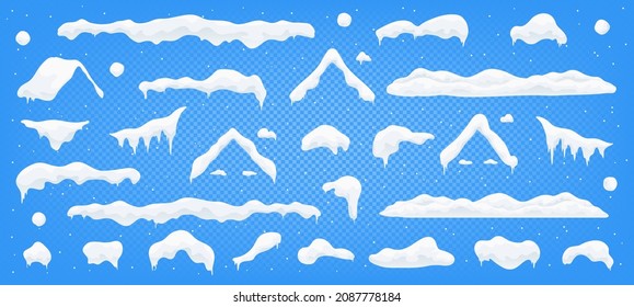 Vector de capa de nieve con copos de nieve, músculos congelados, bolas de nieve y nevadas. Diseño navideño elementos aislados. Fondo de nieve azul caricatura. Ventanas de invierno, techos y chimeneas enmarcan elementos.  