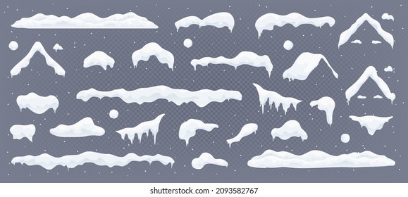 Snow cap vector set with snowflakes, frozen icicles, snowballs and snowdrifts. Christmas design isolated elements. Cartoon blue snowy background. Winter windows, roofs and chimneys frame elements.  