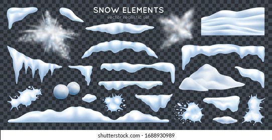 Snow capes piles icicles snowdrift mound bursting exploding snowballs splats realistic set dark transparent background vector illustration 