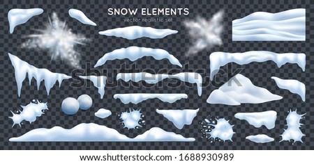 Snow capes piles icicles snowdrift mound bursting exploding snowballs splats realistic set dark transparent background vector illustration 