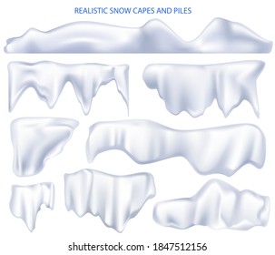 Snow capes piles. realistic set snow white capes and snow caps. Winter decor element. Snow items on a winter background. Cartoon snowfall. Vector illustration