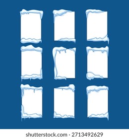 Paneles de Vertical enmarcados con nieve y carámbanos sobre fondo azul, espacio en blanco para saludos de vacaciones de invierno, promociones de Navidad y año nuevo, tarjetas, Anuncios y mensajes de temporada
