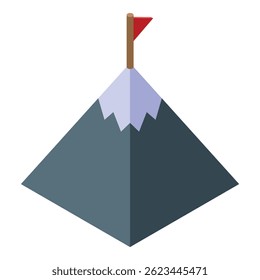Snow capped mountain with a bright red flag planted firmly at the summit