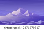 Snow capped mountain horizontal illustration. Flat iceberg in water landscape.