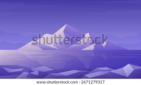 Snow capped mountain horizontal illustration. Flat iceberg in water landscape.