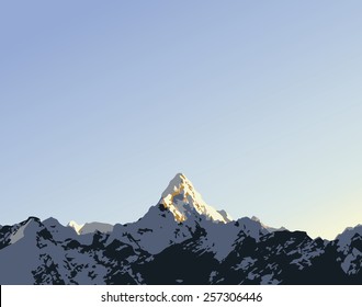 Snow Capped Mountain Peak Ama Dablam In The Himalaya, Nepal In Vector Style With Copy Space In Sky 