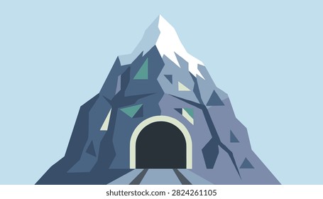 Snow capped mountain peak with dark railway tunnel entrance located in arctic landscape under light blue sky.