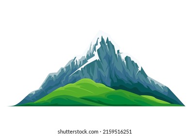 Schneebedeckter Berggipfel und grünes Tal flacher Vektorgegenstand einzeln. Illustration im Stile eines Hochland- und Geländekariums