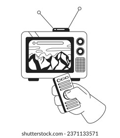 Snow capped mountain peak on 80s television black and white 2D illustration concept. Control remote isolated cartoon outline character hand. Watching tv mountainscape metaphor monochrome vector art