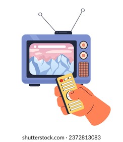 Snow capped mountain peak on 80s television 2D illustration concept. Control remote isolated cartoon character hand, white background. Watching tv mountainscape metaphor abstract flat vector graphic