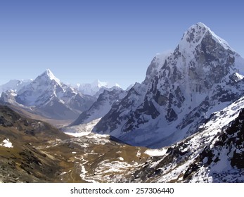 Snow capped mountain peaks in the Himalaya, Nepal in vector 