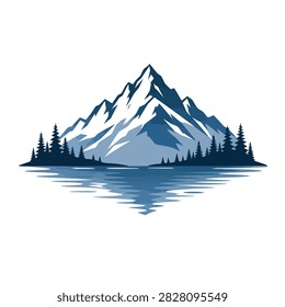 Snow capped mountain with pine trees and mirror lake reflection