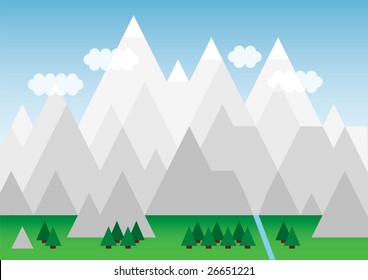 snow capped mountain scene with forest and stream