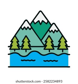 Snow capped mountains with a lake representing winter beauty and peaceful scenery