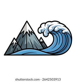 Snow capped mountains meet a powerful ocean wave isolated on white