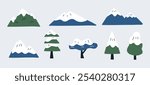 Snow Capped Mountains and Winter Forest. A collection of simple, stylized winter illustrations featuring snow capped mountains and various trees in a forest setting, perfect for nature themes