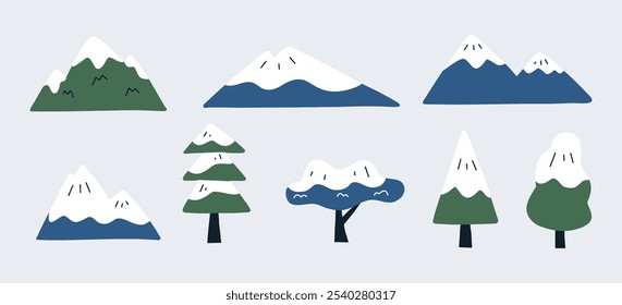 Montañas cubiertas de nieve y bosque de invierno. Una colección de ilustraciones invernales simples y estilizadas con montañas nevadas y varios árboles en un entorno forestal, perfecto para temas de naturaleza