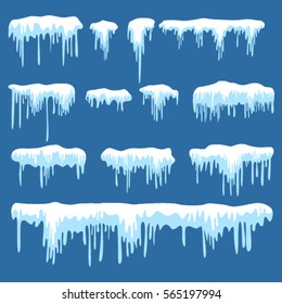 Snow caps, Snow cap vector collection. Winter decoration element. Snowy elements on winter background. Snowfall and snowflakes in motion.
