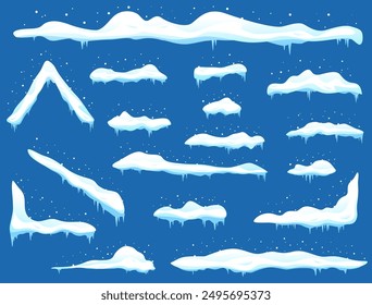 Snow caps. Cartoon snowdrifts. Different shapes with icicles. Winter frame decorations. Snowy roof. Cold season effect. Icy heaps. Distribution by form. White frozen