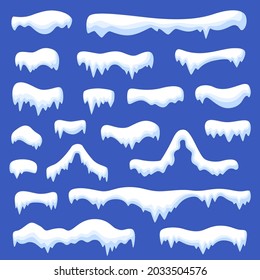 Snow caps collection. Frozen winter cap, snowy ice decor. Isolated winter roof snowcap with icicles, cartoon white christmas garish vector set