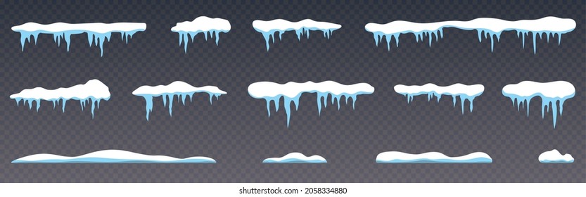 Snow caps collection. Icicles on transparent background. Realistic snow caps set. White snowdrift templates. Winter decoration and snowy objects. Snowcap borders. Vector illustration.