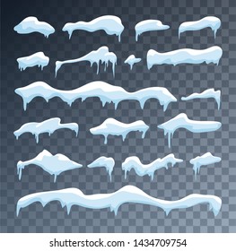 Snow caps collection on transparent background. Cartoon snow caps set. Winter snowy elements in motion. Vector illustration