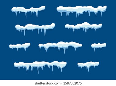 Snow caps, drifts winter. Frozen icicle, snowballs on roof. Frozen snow effect in flat style. Christmas snowy decoration cartoon. Frost, snowcap on top. Ice cap frame on isolated background. vector