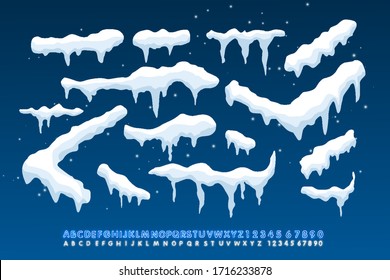 Snow caps, falling snow and snow drift elements. Winter design elements for banners, leaflets, postcards . Vector illustration with neon alphabet style.