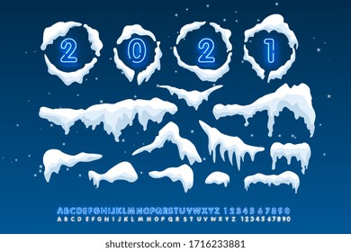 Capas de nieve, caída de nieve y elementos de deriva de nieve. Elementos de diseño invernal para carteles, volantes, postales. Ilustración vectorial con estilo de alfabeto neón.