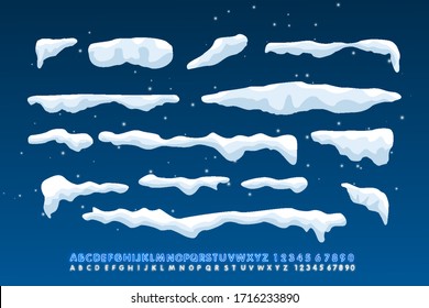 Snow Caps, Falling Snow And Snow Drift Elements. Winter Design Elements For Banners, Leaflets, Postcards . Vector Illustration With Neon Alphabet Style.