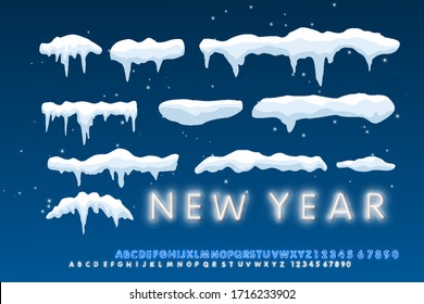 Snow caps, falling snow and snow drift elements. Winter design elements for banners, leaflets, postcards . Vector illustration with neon alphabet style.