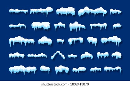 Snow Caps, Falling Snow And Snow Drift Elements. Snow, Ice Cap With Shadow Set. Winter Design Elements For Banners, Leaflets, Postcards. Vector Illustration.