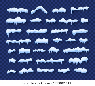 Snow caps, falling snow. Snowdrifts and icicles, ice cap winter decoration. Snowfall with snowflakes. Christmas, New Year frozen ice texture vector illustration. Winter season. Cartoon style. 