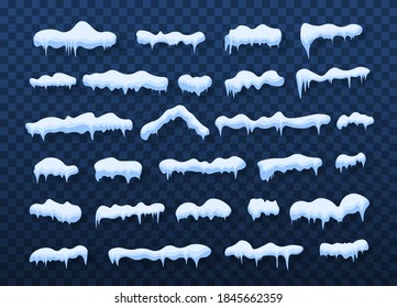 Schneekappen, fallender Schnee. Schneeschiffe und Eisräder, Eiskappen Winterdekoration. Schneefall mit Schneeflocken. Weihnachten, Neues Jahr gefrorene Eis Textur Vektorgrafik. Wintersaison. Cartoon-Stil. 