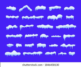 Snow caps, falling snow. Snowdrifts and icicles, ice cap winter decoration. Snowfall with snowflakes. Christmas, New Year frozen ice texture vector illustration. Winter season. Cartoon style. 