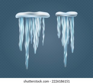Snow caps with hanging icicles, winter frost realistic isolated on blue background. Abstract snow caps and frosty roof icicles for Christmas and New Year design. 3d vector illustration