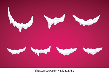 Snow caps hanging on menu bar and buttons set. New year decoration set for website. Snowflakes and icicles on pink winter background. Snow clouds