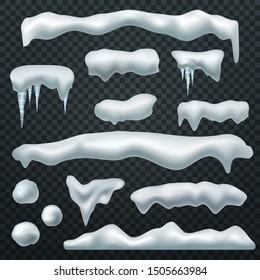 Snow caps. Ice cap with shadow, snowdrifts and icicles. Winter season christmas and new year realistic 3d isolated vector constructor shape pile snowdrift elements