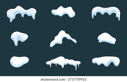 Conjunto de gorros de nieve y goteos de hielo, Elementos de superposición de nieve de invierno, Colección de Vector de hielo congelado.